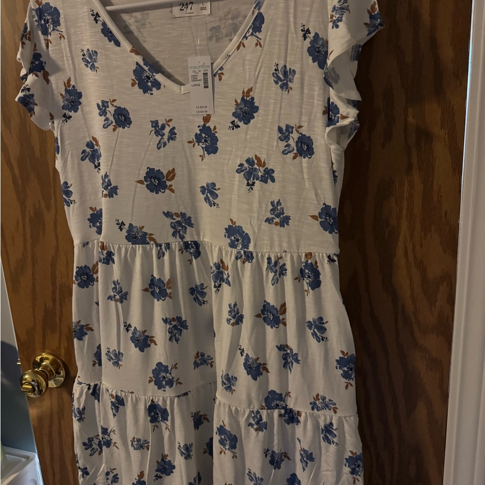 Cream Midi Dress with Blue Floral Print and V-Neck, Large- NWT! - Picture 2 of 10